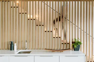 Modern minimalist interior with wooden panel wall and white kitchen counter with sink.