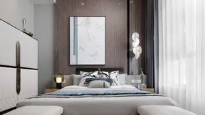 A modern, contemporary bedroom featuring a mix of materials and textures, including a bed with white and black accents, a lar