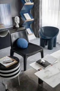 Indoor modern furniture, including black leather chairs and a marble coffee table.