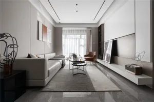 Modern neutral living room with minimalist design, featuring a contemporary sofa, coffee table, and accent chair, with a warm