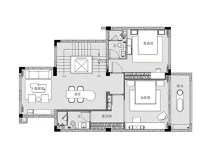 Floor Plan of a minimalist residential home with white walls and wood-patterned flooring and fixtures.