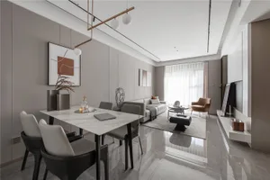 A modern interior design featuring a living and dining room with marble, leather, and glass materials, showcasing contemporar