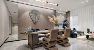 Modern living and dining room with wooden walls, glass surfaces, and textile furniture.