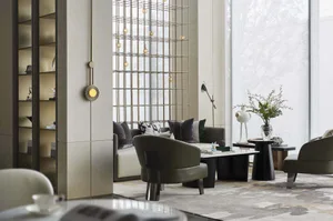 Contemporary living room with modern furniture, minimalist decor, and elegant lighting design.