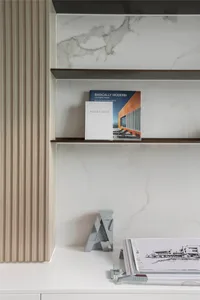 Modern marble shelves with books and architectural models.