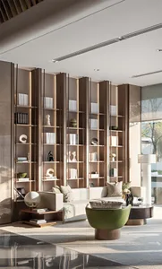 A modern minimalist living room featuring wooden shelves on the wall with books and decorative items, white sofas with green