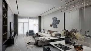 Modern minimalist living room with marble floors, white sofa, and geometric light fixture.