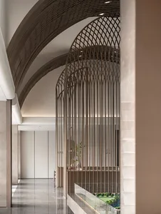 Modern space interior featuring metallic grid materials, depicting sleek, contemporary design.