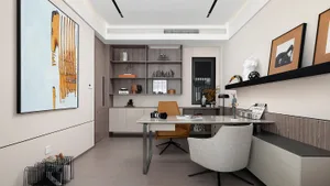 A modern home office with wooden furniture, featuring a desk, chairs, shelves, and art on the walls.