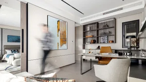 A modern office space featuring wooden furniture and a well-organized desk area.