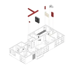 Modern loft floor plan with minimalist design, wooden floors, and glass walls