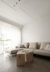 A minimalist interior design featuring wood furniture and flooring.