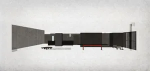 A 2D architectural drawing of a modern office space with a minimalist design, featuring concrete walls and a clear plan layou