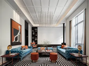 Modern living room featuring teal sofas, orange cushions, and a geometric rug