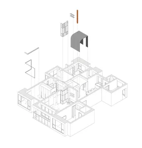Detailed architectural blueprint of a modern residential floor plan featuring concrete materials.