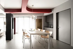Modern residential interior featuring minimalist design with concrete and oak wood