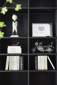 A modern black wood bookshelf featuring decorative items and books.