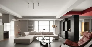 Modern minimalist residential interior with concrete walls, glass windows, and stylish furniture.
