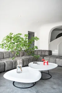 Modern minimalist living room with grey upholstered couch, white tables, and a potted plant.