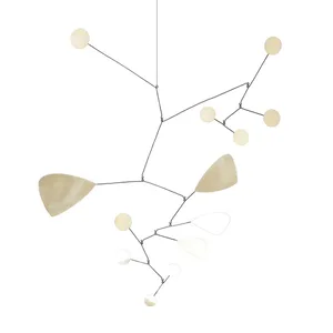A minimalist metal mobile sculpture composed of geometric shapes hanging from a central wire structure.