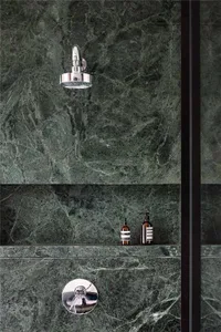Modern bathroom interior with dark green marble walls and a chrome shower head.