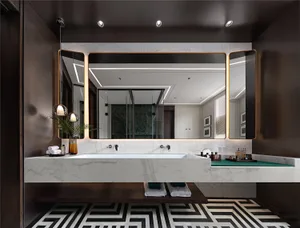 A modern bathroom interior featuring marble fixtures and geometric flooring patterns.