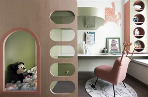 A modern interior design of a children's room featuring wooden elements.