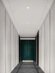 Modern interior design featuring a green feature wall and sleek white walls and floors.