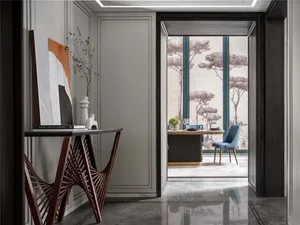 Modern dining room with contemporary furniture and minimalist decor.