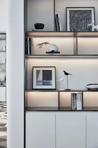 Modern home shelving unit with metal and glass materials.