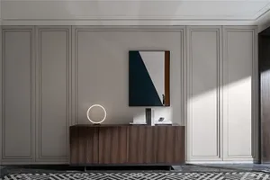 A modern interior design featuring a console table with wood finish in a living room setting.