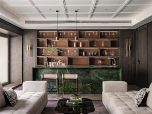 Modern living room featuring a bar with marble, wood, and glass materials.