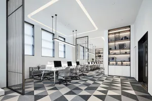 A minimalist office space with white, black, and gray materials