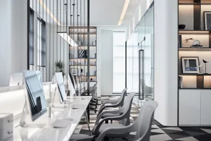 Modern workspace featuring glass and metal elements
