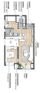 A modern kitchen layout featuring a social space and various functional zones such as bedrooms, bathrooms, and a dining area.