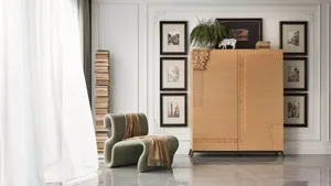 Modern living room featuring oak furniture, leather accents, and a contemporary decor.