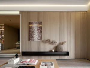 Modern living room featuring wood paneling, a minimalistic painting, a black floating shelf with decorative plants, and an op