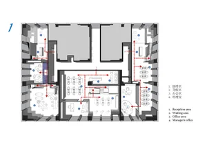 Detailed architectural layout of an office space showing reception area, waiting area, office area, and manager's office with