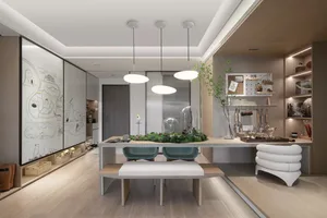 Modern, minimalist kitchen featuring contemporary furniture and clean lines with a touch of greenery.