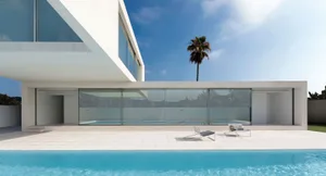 Modern minimalist residential home with glass walls and concrete patio.