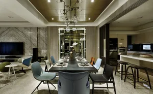 Modern dining room with marble and glass materials