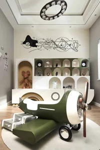 A space-themed child's bedroom with an airplane-shaped bunk bed and a rocketship mural on the wall.