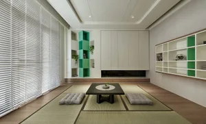 A modern minimalist living room with wooden furniture and a large window.