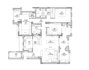 Floor plan of a modern residential layout with multiple rooms and a balcony.