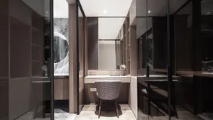 Modern bathroom interior with wooden vanity, glass cabinets, and sleek design elements.