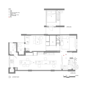 2D architectural plan of a modern residential space with multiple rooms and areas.