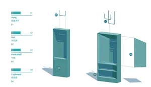 A metallic bookshelf with perforated panels and hanging hooks.
