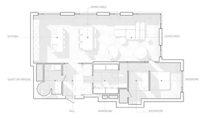 簡約風格住宅平面圖，包含客廳、餐廳、廚房、臥室、浴室及客用衛浴