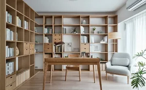 A modern home office featuring a wooden desk, bookshelves, and comfortable furniture.