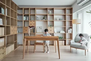 A modern interior design featuring a light wooden shelving unit and furniture in a living space.